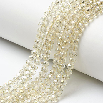 Electroplate Transparent Glass Beads Strands, Half Rainbow Plated, Faceted, Rondelle, Light Yellow, 4x3mm, Hole: 0.4mm, about 123~127pcs/strand, 16.5~16.9 inch(42~43cm)
