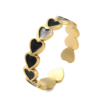 Real 18K Gold Plated 304 Stainless Steel Enamel Cuff Rings, Heart, Black, Adjustable