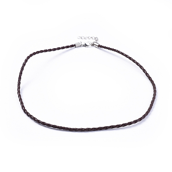 Trendy Braided Imitation Leather Necklace Making, with Iron End Chains and Lobster Claw Clasps, Platinum Metal Color, Coconut Brown, 16.9 inch, 3mm