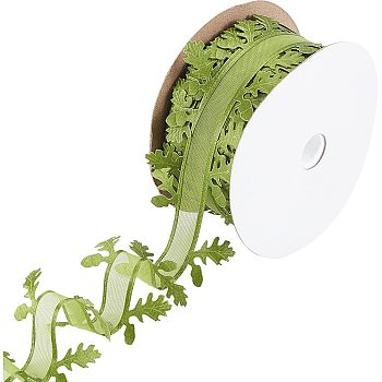 20M Christmas Theme Polyester Ribbon, Leaf Trimming Lace Ribbon, Green, 1-5/8 inch(40mm), about 21.87 Yards(20m)/Roll