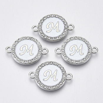 Alloy Enamel Links Connectors, with Crystal Rhinestones, Flat Round with Letter, Silver Color Plated, Letter.M, 22x16x2mm, Hole: 1.8mm