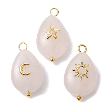 3Pcs 3 Styles Natural Rose Quartz Pendant, Teardrop Charms with Golden Plated Metal Moon & Sun & Star, 23~23.5x13x6.5~7mm, Hole: 2.4~2.8mm, 1pc/style
