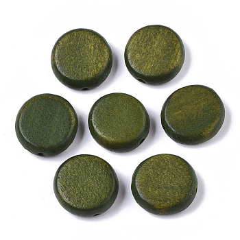 Painted Natural Wood Beads, Flat Round, Olive Drab, 16x5.5mm, Hole: 1.5mm