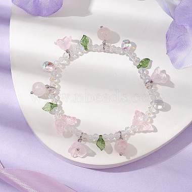 bracelet extensible en quartz rose naturel et perles de verre avec breloques florales(BJEW-JB10176-02)-2