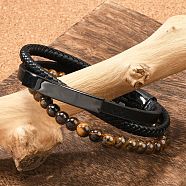 Braided Leather Multi-strand Bracelets for Men, with Natural Tiger Eye & 316 Surgical Stainless Steel & 304 Stainless Steel Findings, Black, 8-3/8 inch(21.3cm)(BJEW-Z081-16EB)