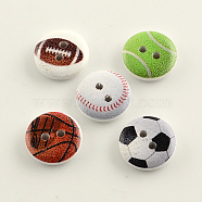 2-Hole Sports Goods Printed Wooden Buttons, Flat Round, Mixed Color, 15x4mm, Hole: 2mm(X-BUTT-R031-074)