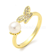 Natural Pearl Butterfly Open Cuff Ring, Brass Finger Ring with Cubic Zirconia, Real 14K Gold Plated, Inner Diameter: 18mm(RJEW-H220-28G)
