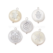 Natural Freshwater Shell Pendants, Flat Round Charms with Silver Color Tone Brass Slices, Mixed Shapes, 20x15x4mm, Hole: 1.8mm(PALLOY-JF02702)