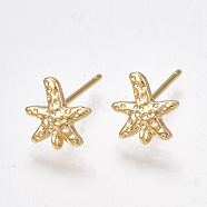 Brass Stud Earring Findings, with Loop, Starfish/Sea Stars, Real 18K Gold Plated,8.5x8.5mm, Hole: 0.5mm(X-KK-S350-34G)