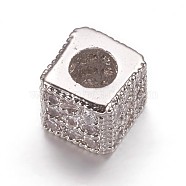 Brass Cubic Zirconia Beads,  Cube, Clear, Platinum, 4.5x4.5x4mm, Hole: 2.5mm(ZIRC-K070-14P)