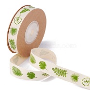 Single Face Cotton Printed Satin Ribbon, Lawn Green, Leaf Pattern, 5/8 inch(15mm), about 10.93 yards (10m0/roll(OCOR-L044-04A)
