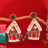 Christmas Style Glass Bead Handmade Dangle Stud Earrings for Women, Snow House Design, Red, 60x53mm(GK0516)