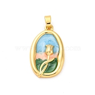 Brass Ensmel Pendants, Oval with Flower Charm, Real 18K Gold Plated, 22x13.5x4mm, Hole: 4x2mm(KK-S502-02G-B)