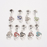 Heart Antique Silver Plated Alloy Rhinestone European Dangle Charms Large Hole Pendants, Mixed Color, 27x9x4.5mm, Hole: 5mm(X-MPDL-K014-M)