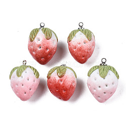 Handmade Porcelain Pendants, with Platinum Plated Brass Findings, Famille Rose Style, 3D Strawberry, Red, 21~24x14.5~17mm, Hole: 1.6mm(PORC-N004-154)