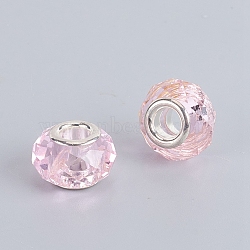 Faceted Glass European Beads, Large Hole Beads, with Silver Tone Brass Core, Rondelle, Pink, 13.5~14x8.5~9mm, Hole: 5mm(GPDL-E004-01B)
