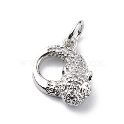 Brass Micro Pave Cubic Zirconia Charms, with Jump Ring, Leopard/Cheetah Head Charms, Platinum, 13x10.5x4mm, Hole: 3.2mm(ZIRC-F131-03P)
