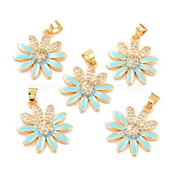 Real 18K Gold Plated Brass Micro Pave Cubic Zirconia Pendants, with Enamel, Long-Lasting Plated, Flower, Light Blue, 22.5x19.5x3.5mm, Hole: 3.5x4mm(ZIRC-L100-087G-05)