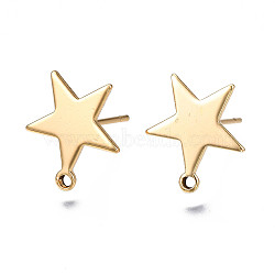 Brass Stud Earring Findings, for DIY Earring Making, with Loop, Star, Nickel Free, Real 18K Gold Plated, 15x13.5mm, Hole: 1mm, Pin: 0.6mm(X-KK-S345-201)