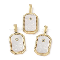 Rack Plating Brass Micro Pave Cubic Zirconia Pendants, with Shell, Long-Lasting Plated, Lead Free & Cadmium Free, Real 18K Gold Plated, Sheild with Twelve Constellations, Pisces, 20.5x10x2.5mm, Hole: 4.5x2mm(KK-U032-90G-09)