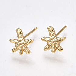 Brass Stud Earring Findings, with Loop, Starfish/Sea Stars, Real 18K Gold Plated,8.5x8.5mm, Hole: 0.5mm(X-KK-S350-34G)