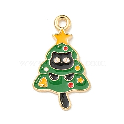 Christmas Kitty Alloy Enamel Pendants, Light Gold, Cat Charm, Christmas Tree, 25x15x1.2mm, Hole: 2mm(ENAM-I060-02B)