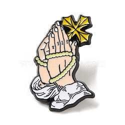 Black Zinc Alloy Brooches, Praying Hand Enamel Pins, Cross, 28x22x1.5mm(JEWB-M030-01D-EB)