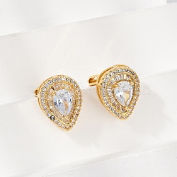 Brass Micro Pave Clear Cubic Zirconia Clip-on Earrings, Lead Free & Cadmium Free, Long-Lasting Plated, Real 18K Gold Plated, Teardrop, 15x11.5mm(X-EJEW-H154-11A-G)
