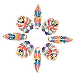 20Pcs 2 Styles Zinc Alloy Enamel Pendants, Feather & Leaf, Light Gold, Colorful, 20~27.5x9~17x1.5~2mm, Hole: 2.5~3mm, 10pcs/style(ENAM-CJ0001-117)