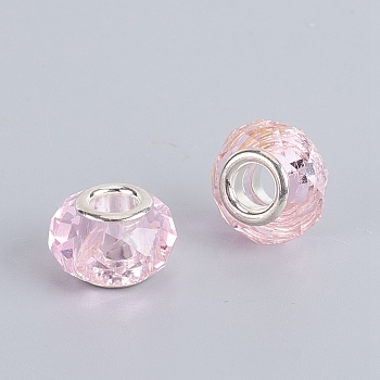 Faceted Glass European Beads, Large Hole Beads, with Silver Tone Brass Core, Rondelle, Pink, 13.5~14x8.5~9mm, Hole: 5mm