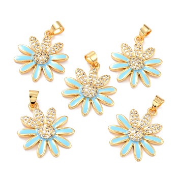 Real 18K Gold Plated Brass Micro Pave Cubic Zirconia Pendants, with Enamel, Long-Lasting Plated, Flower, Light Blue, 22.5x19.5x3.5mm, Hole: 3.5x4mm