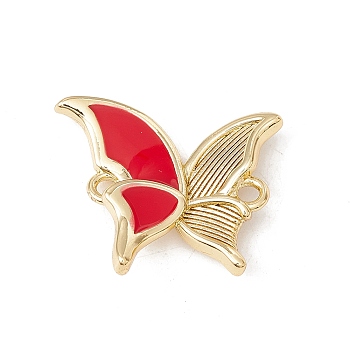 Brass Enamel Connector Charms, Cadmium Free & Lead Free, Butterfly, Real 18K Gold Plated, Red, 17x20x4mm, Hole: 1.6mm