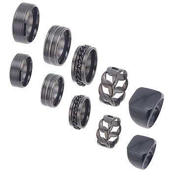 10Pcs 10 Styles Brass Rectangle Signet Rings, 304 Stainless Steel & Titanium Steel Curb Chains Stackable Rings for Men, Electrophoresis Black, Inner Diameter: 18~20mm, 1Pc/style