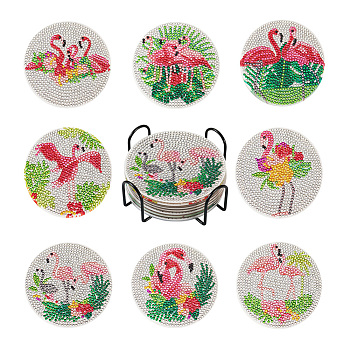DIY Flamingo Theme Diamond Painting Acrylic Cup Mat Kits, with Cork, Coster Holder, Resin Rhinestones, Diamond Sticky Pen, Tray Plate and Glue Clay, Mixed Color, 100x2mm