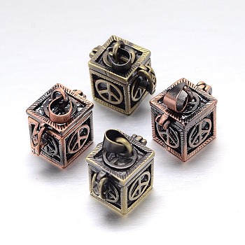 Cube with Peace Sign Pattern Rack Plating Brass Prayer Box Pendants, Wish Box, Nickel Free, Mixed Color, 18x12x17mm, Hole: 5x3mm