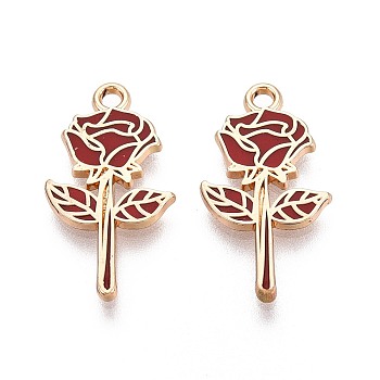 Alloy Enamel Pendants, Rack Plating, Flower Charms, Golden, Red, 22x12x1mm, Hole: 1.6mm
