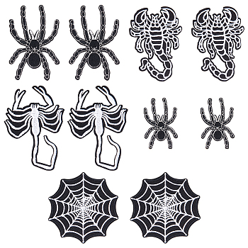 10Pcs 5 Style Halloween Spider/Scorpion/Web Computerized Embroidery Cloth Iron on/Sew on Patches, Costume Accessories, Appliques, Black, 67~85x43~95x1~1.5mm, 2pcs/style
