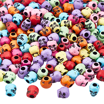 200Pcs Opaque Acrylic Beads, Skull, Mixed Color, 10x8.5x9mm, Hole: 3.5mm, 200pcs/box