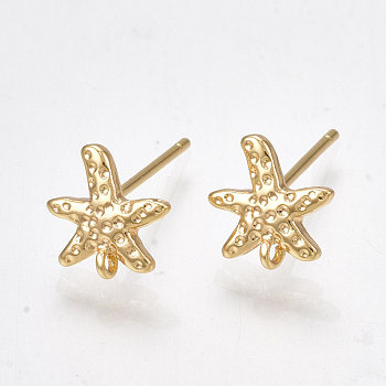 Brass Stud Earring Findings, with Loop, Starfish/Sea Stars, Real 18K Gold Plated,8.5x8.5mm, Hole: 0.5mm