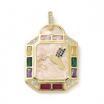 Brass Micro Pave Cubic Zirconia Pendants, Real 18K Gold Plated, with Enamel, Octagon Rectangle with Hummingbird Charms, Colorful, 34x25x3.5mm, Hole: 5x3mm