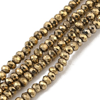 Electroplated Synthetic Non-Magnetic Hematite Beads Strands, Faceted, Rondelle, Golden Plated, 2mm, Hole: 0.5mm, about 190pcs/strand, 15.20 inch(38.6cm)