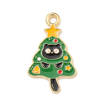 Christmas Kitty Alloy Enamel Pendants, Light Gold, Cat Charm, Christmas Tree, 25x15x1.2mm, Hole: 2mm