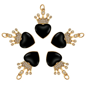 5Pcs Eco-Friendly Brass Micro Pave Cubic Zirconia Pendants, with Enamel & Jump Ring, Real 18K Gold Plated, Long-Lasting Plated, Heart & Crown, Black, 25x14.5x4mm, Hole: 3.6mm