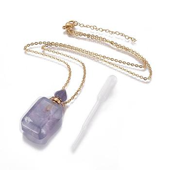 Natural Fluorite Openable Perfume Bottle Pendant Necklaces, with Stainless Steel Cable Chain and Plastic Dropper, Bottle, Golden, 19.21 inch(50.6cm), Bottle Capacity: 0.15~0.3ml(0.005~0.01 fl. oz), 2mm