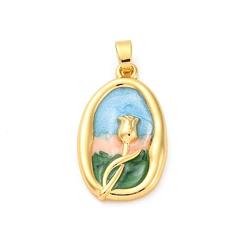 Brass Ensmel Pendants, Oval with Flower Charm, Real 18K Gold Plated, 22x13.5x4mm, Hole: 4x2mm