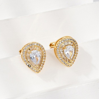 Brass Micro Pave Clear Cubic Zirconia Clip-on Earrings, Lead Free & Cadmium Free, Long-Lasting Plated, Real 18K Gold Plated, Teardrop, 15x11.5mm