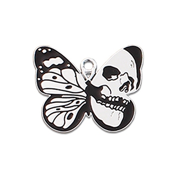 Alloy Enamel Pendants, Platinum, Butterfly with Skull Charm, 23x28mm