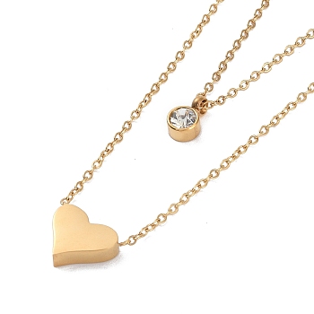 Ion Plating(IP) 304 Stainless Steel Cable Necklaces, Heart & Flat Round with Rhinestone Pendant Necklaces for Women, Real 18K Gold Plated, 15.94 inch(40.5cm)