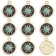 Rack Plating Alloy Enamel Pendants, with Synthetic Turquoise, Cadmium Free & Nickel Free & Lead Free, Light Gold, Flat Round with Sun, Black, 22x17x4mm, Hole: 2mm, 25pcs/box(FIND-SC0003-84)