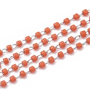 TOHO Japan Import Seed Beads, Handmade Glass Beaded Chains, Soldered, with Spool, with Stainless Steel Findings, Column, Stainless Steel Color, Orange Red, 2mm, about 26.24 Feet(8m)/strand(CHS-S004-05M)
